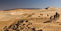 Dunes d'Agholibi  La caravane s'apprète à traverser  les dunes d'Agholibi pour rejoindre le puits de Farès.  Au fond le massif de Taghmert.