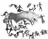Relevé  Relevé de la peinture précédente. Une femme touche le taureau au front, une autre au ventre, une autre la queue, un homme lui touche une patte antérieure et plusieurs personnages paraissent sauter par-dessus son dos.