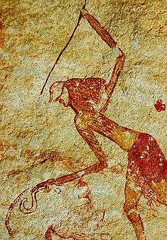 Chasseur Anatomie europoïde et peintures corporelles. Le chasseur est armé d'un javelot et d'un bâton de jet en S.