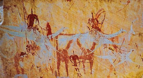 camel2 Site d'Archeï N°7. Groupe de méharistes armés de lances superposé à des bovinés.